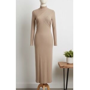 Reformation Mallorie Ribbed Mock Neck Long Sleeve Maxi Dress‎ Taupe XS Old Money
